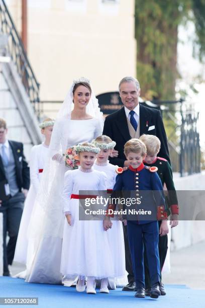 Duchess Sophie of Wurtemberg arrives at the Saint-Quirin Church prior her wedding with her father, Prince Philip of Wurtemberg at the Castle of...