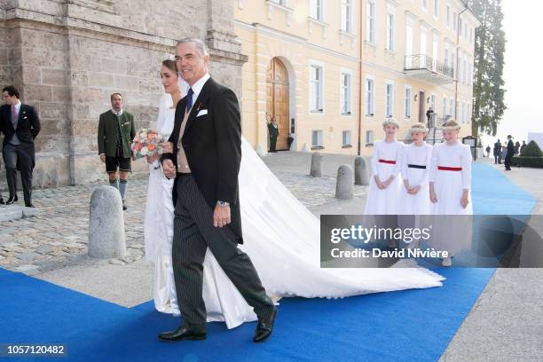 Duchess Sophie of Wurtemberg arrives at the Saint-Quirin Church prior her wedding with her father, Prince Philip of Wurtemberg at the Castle of...