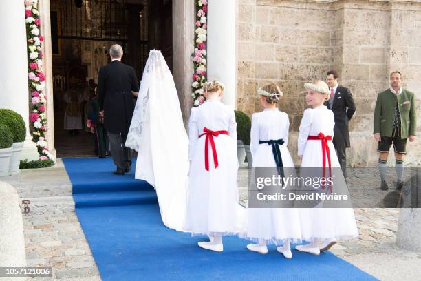 Duchess Sophie of Wurtemberg arrives at the Saint-Quirin Church prior her wedding with her father, Prince Philip of Wurtemberg at the Castle of...