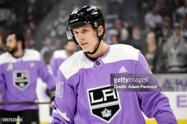 Matt Luff of the Los Angeles Kings skates during warm-up before the game against the Columbus Blue Jackets at STAPLES Center on November 3, 2018 in...