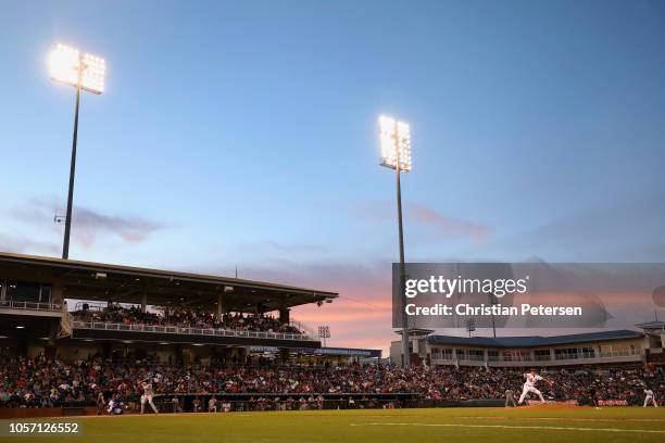 Relief pitcher AFL West All-Star, Evan Kruczynski of the St. Louis Cardinals throws a pitch during the Arizona Fall League All Star Game at Surprise...