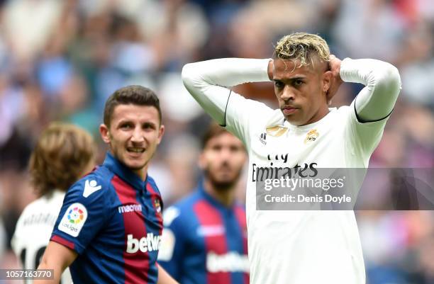 Mariano Diaz of Real Madrid reacts during the La Liga match between Real Madrid CF and Levante UD at Estadio Santiago Bernabeu on October 20, 2018 in...