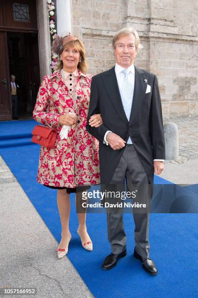 Prince Leopold of Bayern and Princess Ursula of Bayern arrive at the Saint-Quirin Church for the wedding of Duchess Sophie of Wurttemberg and Count...