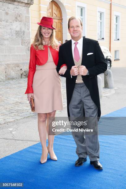 Duchess Maria Anna of Bavaria and Baron Andreas von Maltzan arrive at the Saint-Quirin Church for the wedding of Duchess Sophie of Wurttemberg and...