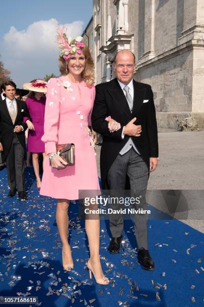 Princess Marie-Caroline of Wurttemberg and Count Herve of Andigne leave the Saint-Quirin Church after the wedding of Duchess Sophie of Wurttemberg...