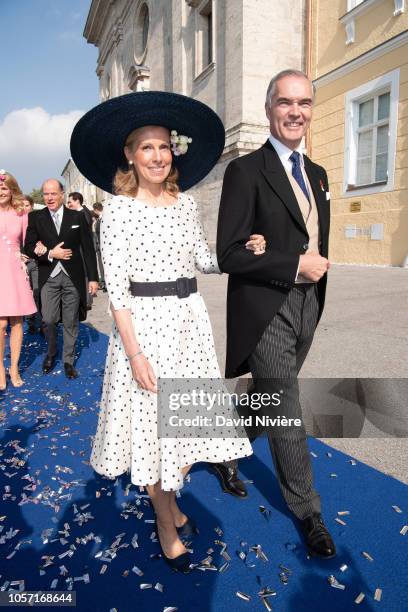 Prince Philipp of Wurttemberg and Countess Marie Adelaide of Andigne leave the Saint-Quirin Church after the wedding of Duchess Sophie of Wurttemberg...