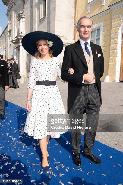 Prince Philipp of Wurttemberg and Countess Marie Adelaide of Andigne leave the Saint-Quirin Church after the wedding of Duchess Sophie of Wurttemberg...