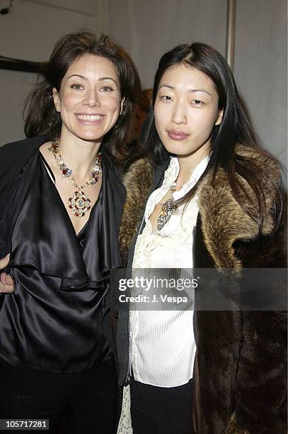 Angela Tassoni-Newley and Jihae Kim during Mercedes-Benz Fashion Week Fall 2003 Collections - Lloyd Klein - Backstage at Bryant Park in New York...