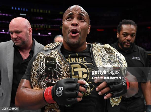 Daniel Cormier celebrates after his submission victory over Derrick Lewis in their UFC heavyweight championship bout during the UFC 230 event inside...