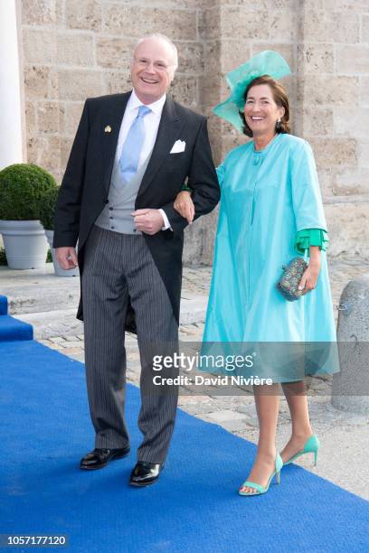 Duchess Julia of Wurttemberg and Duke Michael of Wurttemberg arrive at the Saint-Quirin Church for the wedding of Duchess Sophie of Wurttemberg and...