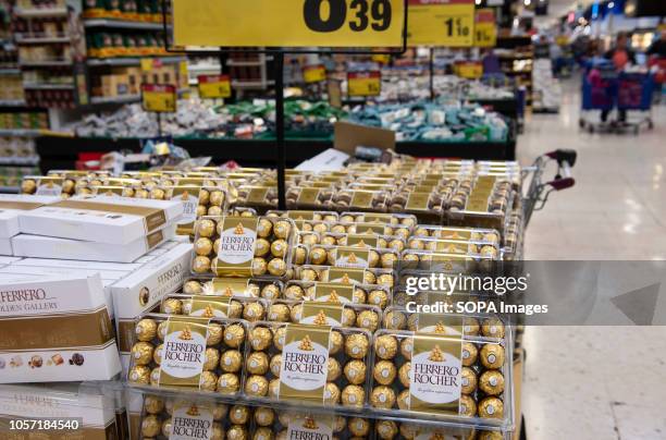 Italian Ferrero Rocher chocolate confectionery are seen displayed for sale at the Carrefour supermarket in Spain.