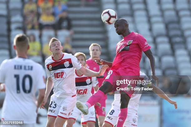 Kalifa Cisse of the Mariners heads the ball during the round three A-League match between the Central Coast Mariners and Adelaide United at Central...