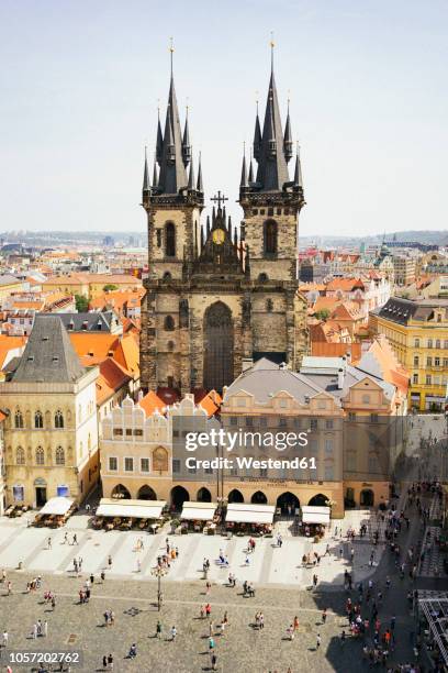 czechia, prague, view to church of our lady from the old town hall - bohemia czech republic stock-fotos und bilder