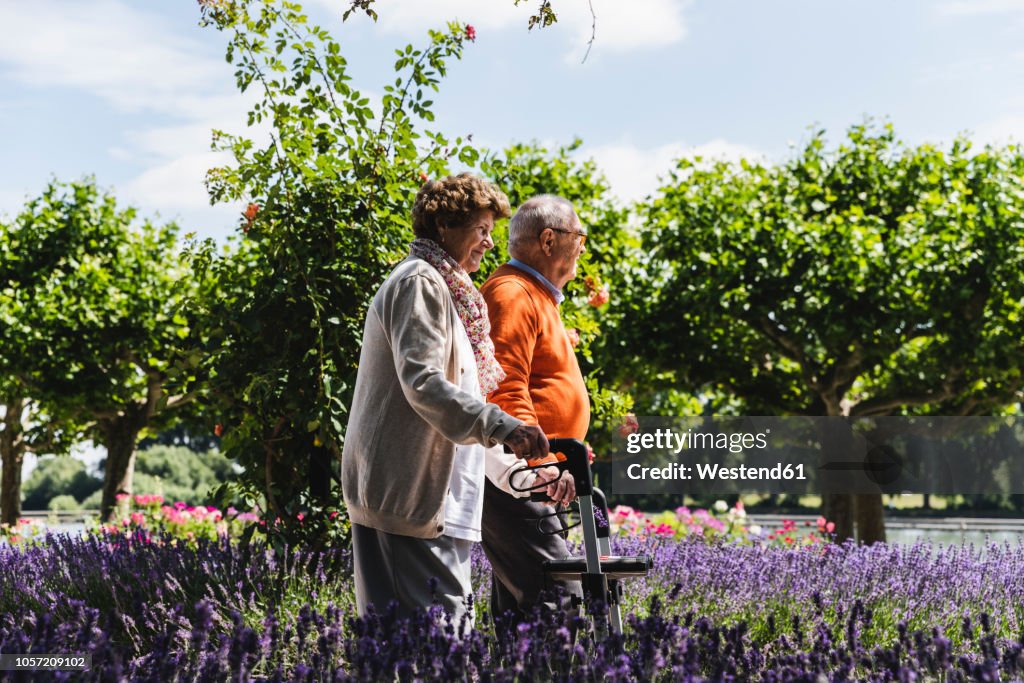 Senior couple walking in park, woman using wheeled walker
