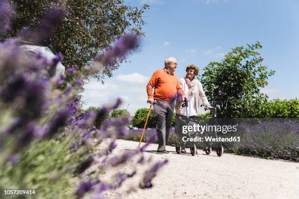 senior couple walking in park, woman using wheeled walker - spazierstock stock-fotos und bilder