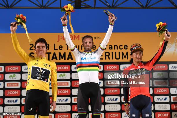 Podium / Geraint Thomas of Great Britain and Team Sky Yellow Leader Jersey / Alejandro Valverde of Spain and Movistar Team Celebration / Yukiya...