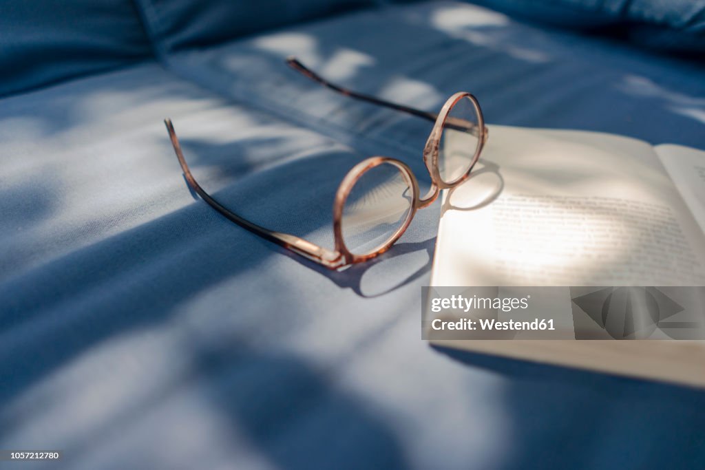 Eyeglasses and book lying on couch