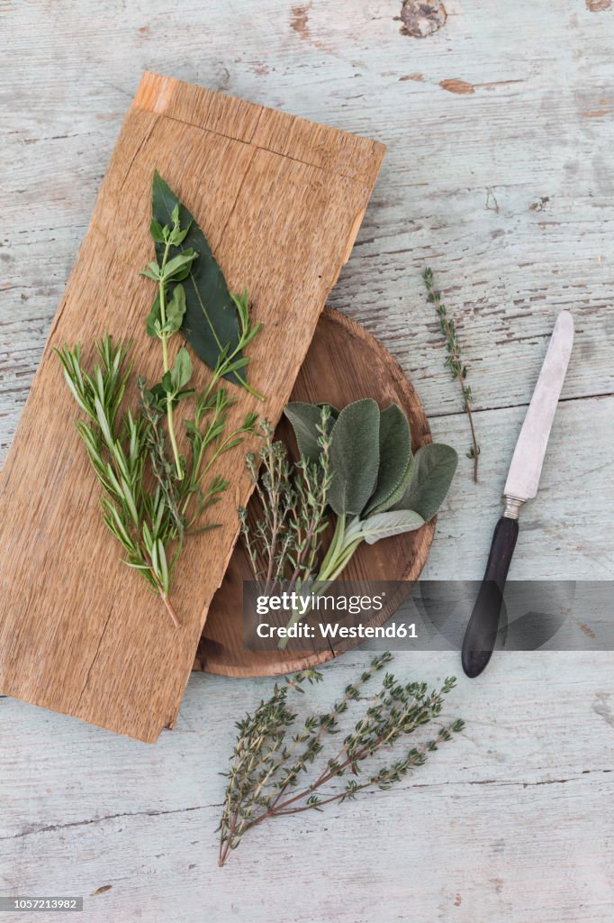 Fresh Provencal herbs, knife and wooden boards