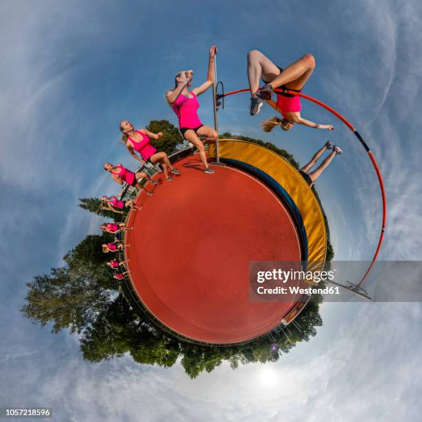 female high jumper, little planet view, multiple image - 360 people stock-fotos und bilder