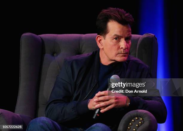 Charlie Sheen speaks with Richard Wilkins during 'An Evening With Charlie Sheen' at the International Convention Centre on November 4, 2018 in...