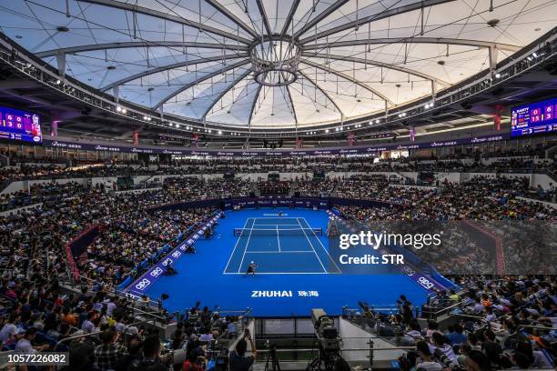 General view of the women's singles final match between China's Wang Qiang and Australia's Ashleigh Barty during the Zhuhai Elite Trophy tennis...