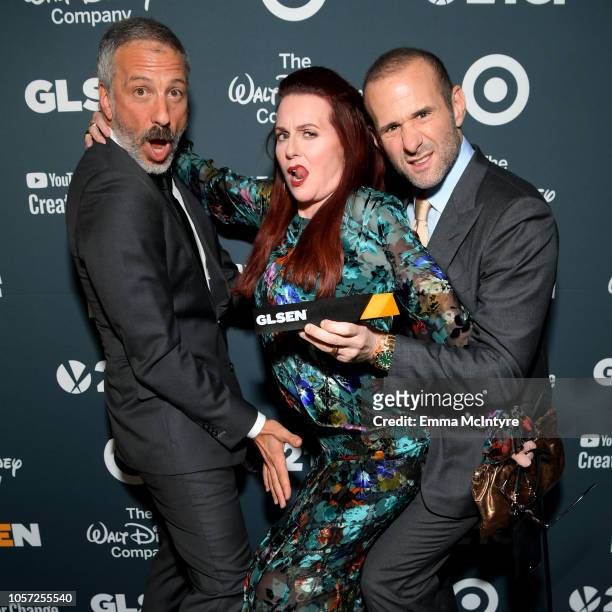 David Kohan, Megan Mullally, and Max Mutchnick attend the GLSEN Respect Awards at the Beverly Wilshire Four Seasons Hotel on October 19, 2018 in...