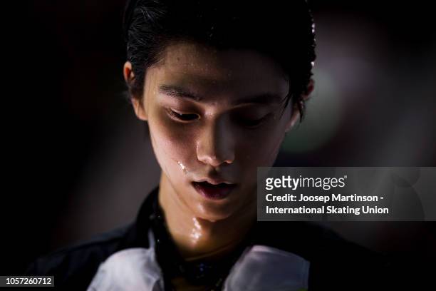 Yuzuru Hanyu of Japan looks on at the kiss and cry in the Men's Free Skating during day three of the ISU Grand Prix of Figure Skating at the Helsinki...