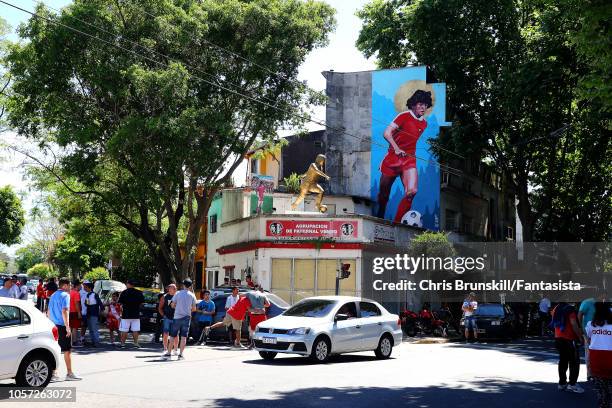 Statue of Diego Armando Maradona is seen outside the stadium ahead of the match between Argentinos Juniors and Independiente as part of Superliga...