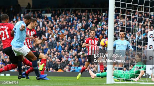 Wesley Hoedt of Southampton scores an own goal during the Premier League match between Manchester City and Southampton FC at Etihad Stadium on...