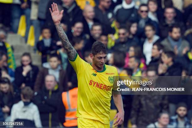 Nantes' Argentinian forward Emiliano Sala celebrates after scoring a goal during the French L1 football match between Nantes and Guingamp , on...