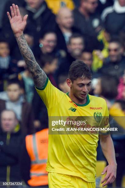 Nantes' Argentinian forward Emiliano Sala celebrates after scoring a goal during the French L1 football match between Nantes and Guingamp , on...