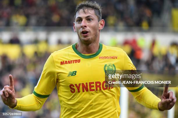 Nantes' Argentinian forward Emiliano Sala celebrates after scoring a goal during the French L1 football match between Nantes and Guingamp , on...