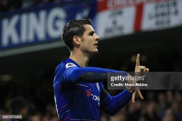 Alvaro Morata of Chelsea celebrates scoring their 1st goal during the Premier League match between Chelsea FC and Crystal Palace at Stamford Bridge...
