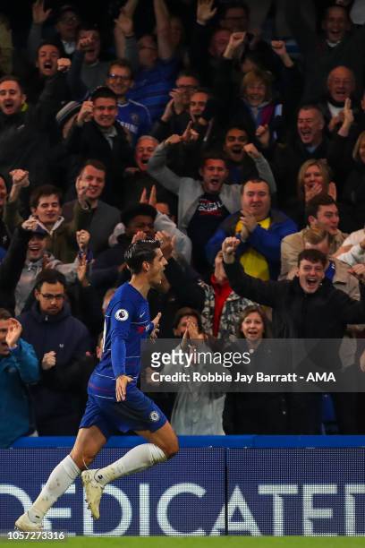 Alvaro Morata of Chelsea celebrates after scoring a goal to make it 1-0 during the Premier League match between Chelsea FC and Crystal Palace at...