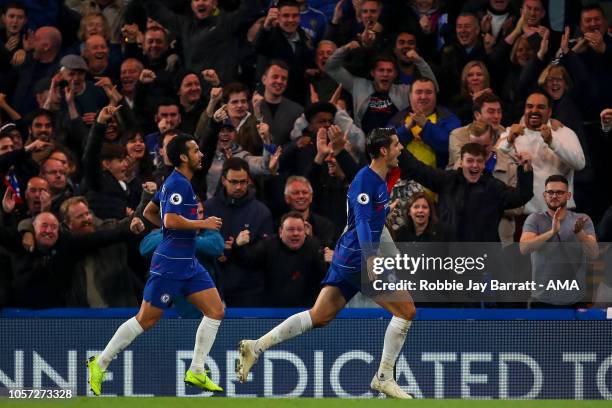 Alvaro Morata of Chelsea celebrates after scoring a goal to make it 1-0 during the Premier League match between Chelsea FC and Crystal Palace at...