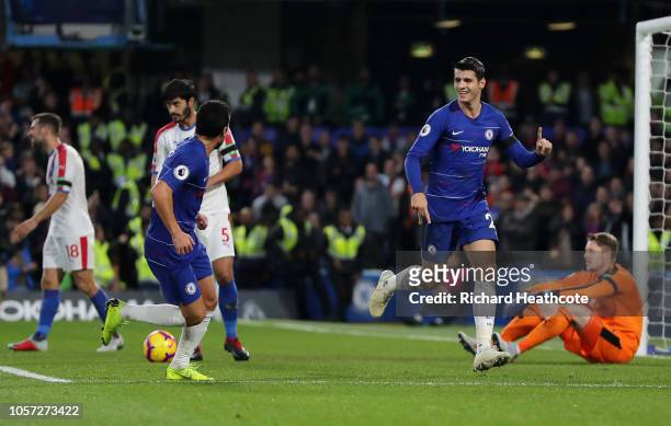 Alvaro Morata of Chelsea celebrates after scoring his team's first goal during the Premier League match between Chelsea FC and Crystal Palace at...