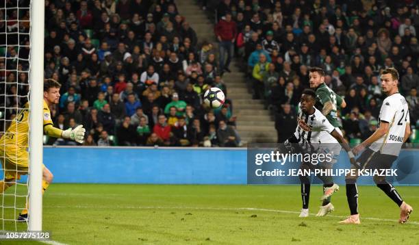 Saint-Etienne's French defender Mathieu Debuchy scores a goal during the French L1 football match between Saint-Etienne and Angers on November 4 at...