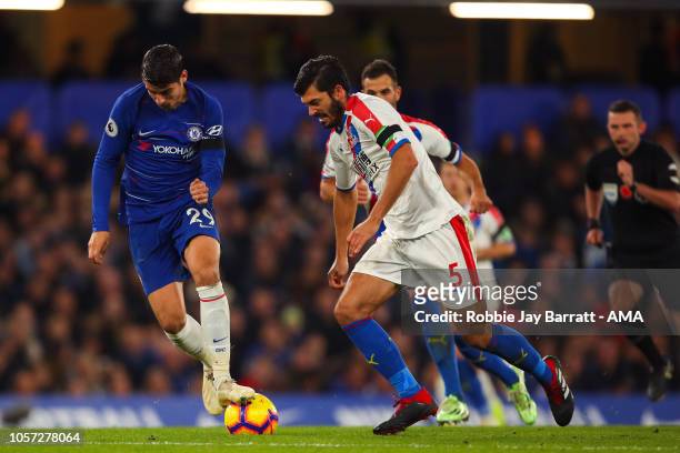 Alvaro Morata of Chelsea and James Tomkins of Crystal Palace during the Premier League match between Chelsea FC and Crystal Palace at Stamford Bridge...