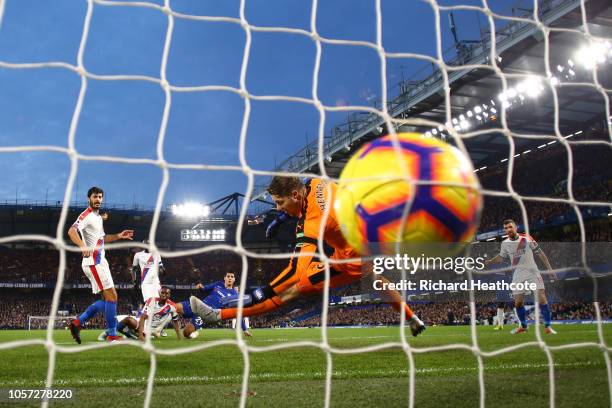 Alvaro Morata of Chelsea scores his team's first goal during the Premier League match between Chelsea FC and Crystal Palace at Stamford Bridge on...