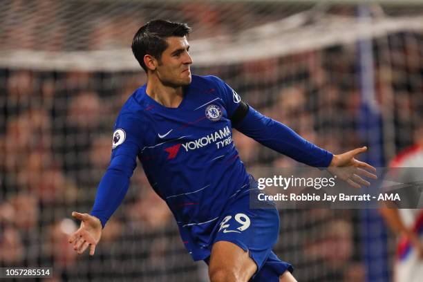 Alvaro Morata of Chelsea celebrates after scoring a goal to make it 2-1 during the Premier League match between Chelsea FC and Crystal Palace at...