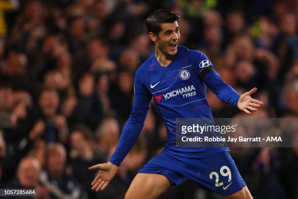 Alvaro Morata of Chelsea celebrates after scoring a goal to make it 2-1 during the Premier League match between Chelsea FC and Crystal Palace at...
