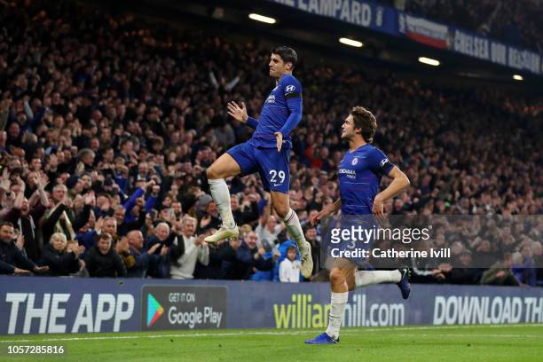 Alvaro Morata of Chelsea celebrates after scoring his team's second goal during the Premier League match between Chelsea FC and Crystal Palace at...