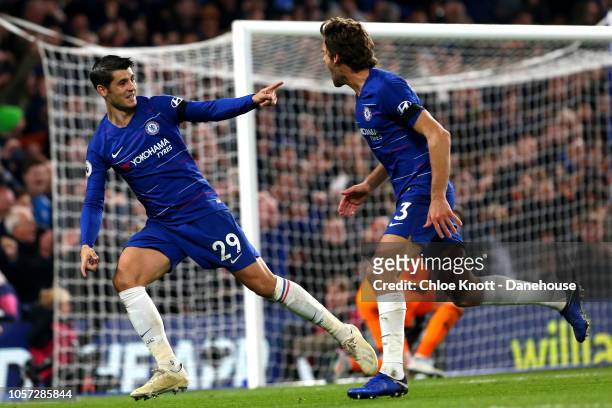 Alvaro Morata of Chelsea FC celebrates scoring his second goal during the Premier League match between Chelsea FC and Crystal Palace at Stamford...