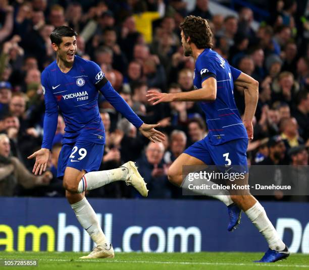 Alvaro Morata of Chelsea FC celebrates scoring his second goal during the Premier League match between Chelsea FC and Crystal Palace at Stamford...