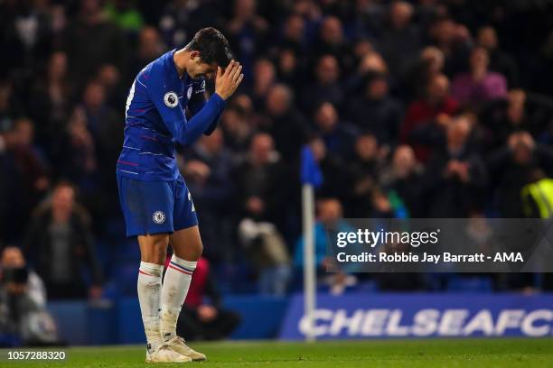 Alvaro Morata of Chelsea reacts after missing a chance on goal for his hat trick during the Premier League match between Chelsea FC and Crystal...