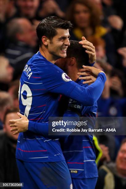 Alvaro Morata of Chelsea celebrates after scoring a goal to make it 2-1 during the Premier League match between Chelsea FC and Crystal Palace at...