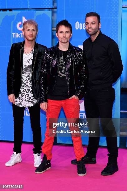 Dominic Howard, Matt Bellamy and Chris Wolstenholme of Muse attends the MTV EMAs 2018 at Bilbao Exhibition Centre on November 4, 2018 in Bilbao,...