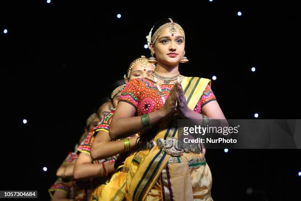 Indian youth perform a classical Bharatnatyam dance during celebrations for Hindu Heritage Month in Mississauga, Ontario, Canada on November 3, 2017....