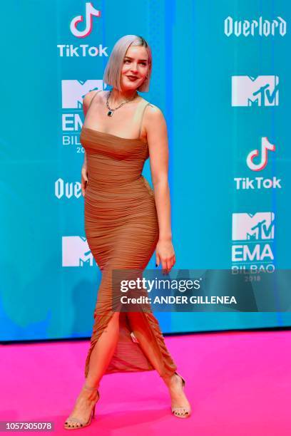 English singer Anne-Marie poses on the red carpet ahead of the MTV Europe Music Awards at the Bizkaia Arena in the northern Spanish city of Bilbao on...