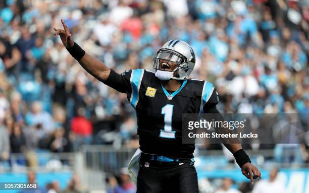 Cam Newton of the Carolina Panthers celebrates a touchdown against the Tampa Bay Buccaneers in the first quarter during their game at Bank of America...